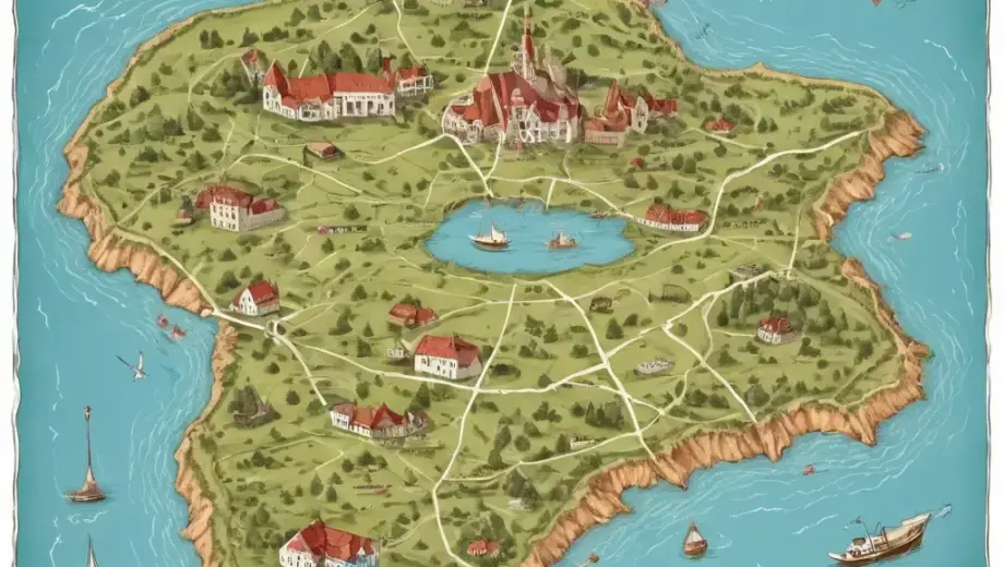 A detailed illustration of the three corners of a Bermuda triangle map centered on Tapolca, Hungary, showing historical landmarks and geographical features with a vintage aesthetic