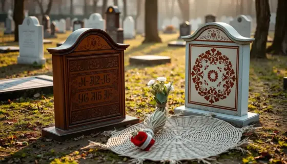 A solemn memorial scene featuring two traditional Hungarian folk art tombstones (gadótanyai) and a woven straw mat (létras) as a tribute, set in a quiet cemetery with soft morning light, intricate folk patterns on the stones, and a respectful atmosphere