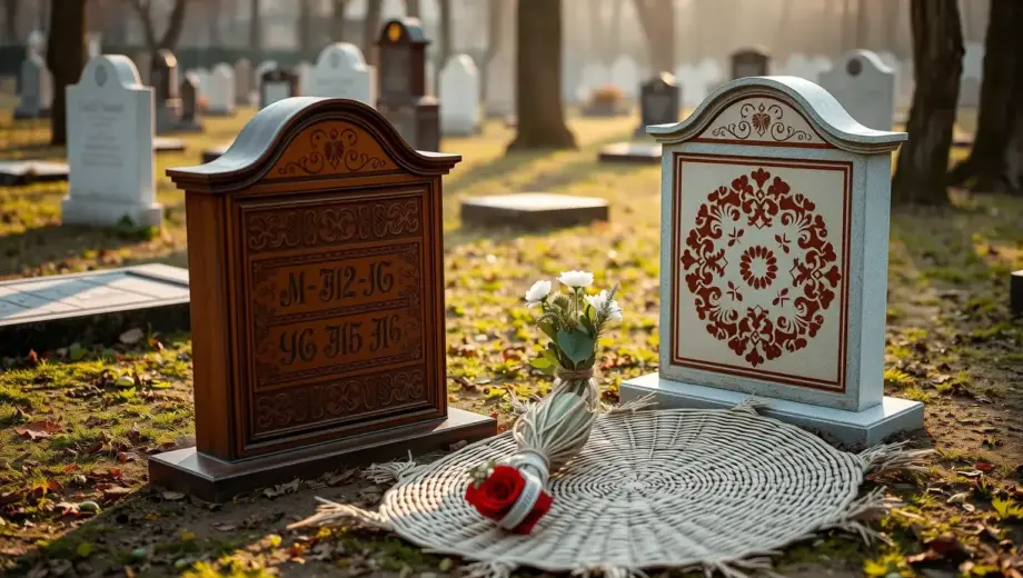 A solemn memorial scene featuring two traditional Hungarian folk art tombstones (gadótanyai) and a woven straw mat (létras) as a tribute, set in a quiet cemetery with soft morning light, intricate folk patterns on the stones, and a respectful atmosphere