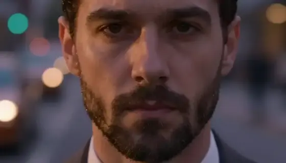 A close-up portrait of a man with short dark hair and a beard, wearing a dark suit and tie, looking directly at the viewer with a serious expression, set against a blurred background of a city street at dusk with warm orange and purple lighting, cinematic lighting, high detail, realistic skin texture, subtle shadows on face