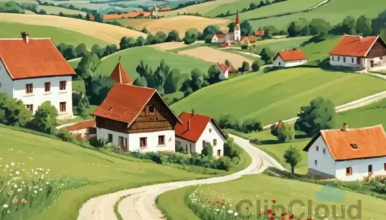 A vintage-style postcard featuring a scenic view of Bukdácsaim, a small village in Hungary, with traditional Hungarian folk architecture, rolling green hills in the background, and a clear blue sky. The image should depict a peaceful countryside landscape with a winding dirt road leading through the village, wooden houses with red-tiled roofs, and possibly a church steeple. Include subtle details like wildflowers along the roadside and a few people in traditional Hungarian clothing walking or wo
