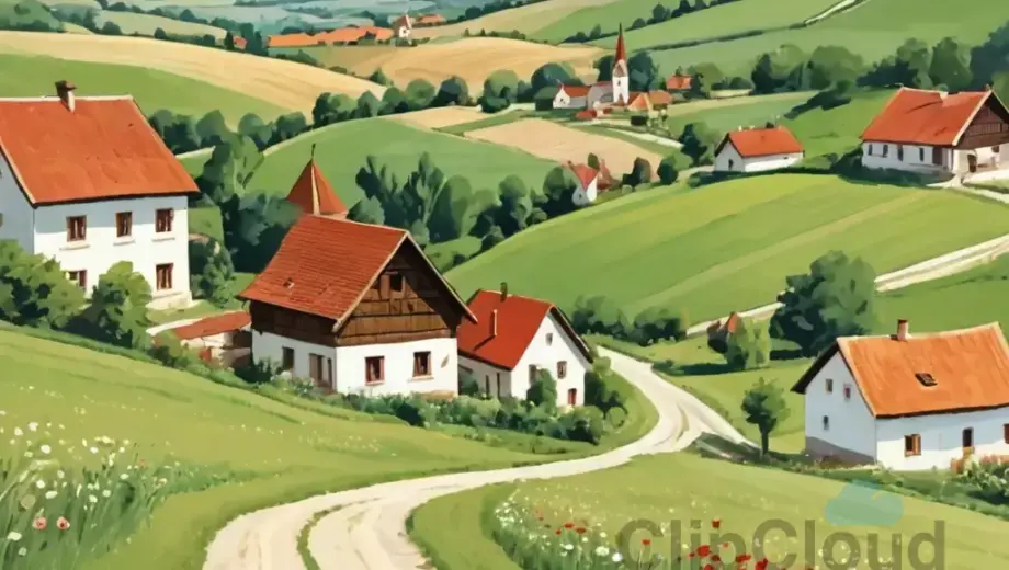A vintage-style postcard featuring a scenic view of Bukdácsaim, a small village in Hungary, with traditional Hungarian folk architecture, rolling green hills in the background, and a clear blue sky. The image should depict a peaceful countryside landscape with a winding dirt road leading through the village, wooden houses with red-tiled roofs, and possibly a church steeple. Include subtle details like wildflowers along the roadside and a few people in traditional Hungarian clothing walking or wo