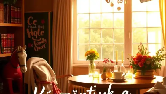 A festive Swedish greeting scene for Sunday (Vasárnap) featuring the Kálmán family (Kálmánok) with warm, welcoming atmosphere, traditional Swedish elements like red Dala horses or Swedish flags, soft golden sunlight, and a handwritten-style message saying 'Köszöntjük a Kálmánokat' (We greet the Kálmán family) in elegant calligraphy, set in a cozy Swedish home interior with wooden textures and floral decorations, conveying cultural harmony between Hungarian and Swedish traditions