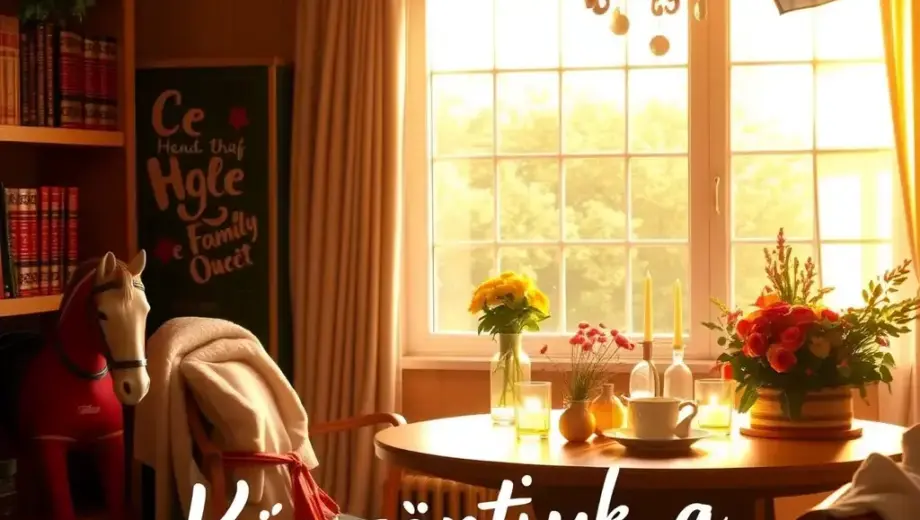 A festive Swedish greeting scene for Sunday (Vasárnap) featuring the Kálmán family (Kálmánok) with warm, welcoming atmosphere, traditional Swedish elements like red Dala horses or Swedish flags, soft golden sunlight, and a handwritten-style message saying 'Köszöntjük a Kálmánokat' (We greet the Kálmán family) in elegant calligraphy, set in a cozy Swedish home interior with wooden textures and floral decorations, conveying cultural harmony between Hungarian and Swedish traditions