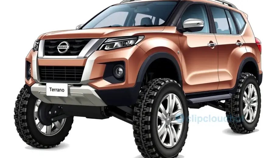 A detailed illustration of a Nissan Terrano vehicle equipped with three side-by-side wheels (triple-wheel configuration), shown in a clear, realistic style with accurate proportions and mechanical details, set against a neutral background to emphasize the unique vehicle design