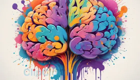 A stylized illustration of a surreal brain made of colorful paint splashes and flowing ink, with abstract shapes representing thoughts, set against a soft pastel background, vibrant yet harmonious colors, no text or letters