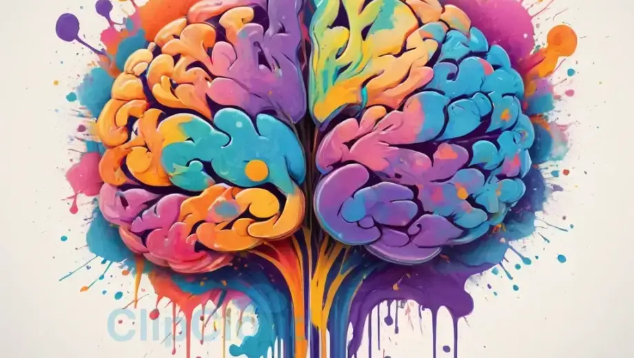 A stylized illustration of a surreal brain made of colorful paint splashes and flowing ink, with abstract shapes representing thoughts, set against a soft pastel background, vibrant yet harmonious colors, no text or letters