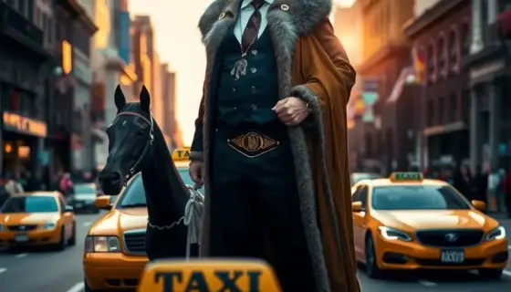 A dramatic cinematic scene showing a powerful, regal king of taxis standing tall in the center of a bustling city street at sunset, wearing a golden crown and formal royal attire, with a sleek black and yellow taxi as his loyal steed beside him, surrounded by admiring citizens and city buildings in the background, conveying authority and prestige