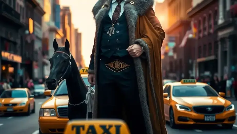 A dramatic cinematic scene showing a powerful, regal king of taxis standing tall in the center of a bustling city street at sunset, wearing a golden crown and formal royal attire, with a sleek black and yellow taxi as his loyal steed beside him, surrounded by admiring citizens and city buildings in the background, conveying authority and prestige