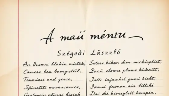A vintage-style photograph of a handwritten diary page with Hungarian text, showing the title 'A mai menü' and the name 'Szegedi László' in elegant cursive script, surrounded by menu items written in 19th-century Hungarian handwriting, with subtle paper texture and aged parchment tones