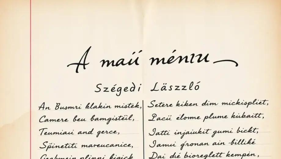 A vintage-style photograph of a handwritten diary page with Hungarian text, showing the title 'A mai menü' and the name 'Szegedi László' in elegant cursive script, surrounded by menu items written in 19th-century Hungarian handwriting, with subtle paper texture and aged parchment tones