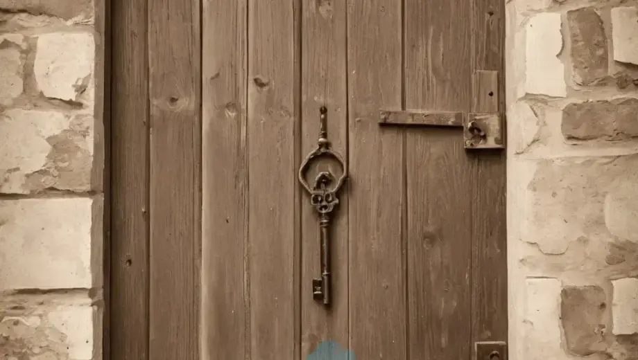 A vintage-style book cover illustration featuring a large antique key hanging from a rustic wooden door, with faint outlines of a prison cell bars in the background, soft sepia tones, and elegant typography space for the title 'Kádártól Castróig'