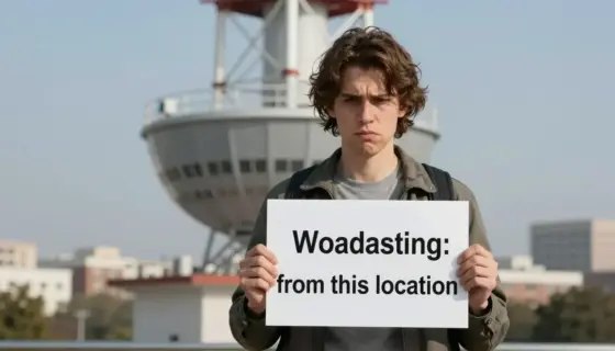A person standing in front of a large broadcasting tower, holding a sign that reads 'Warning: Broadcasting from this location', with a concerned expression on their face. The background should show a cityscape with various buildings and a clear sky.