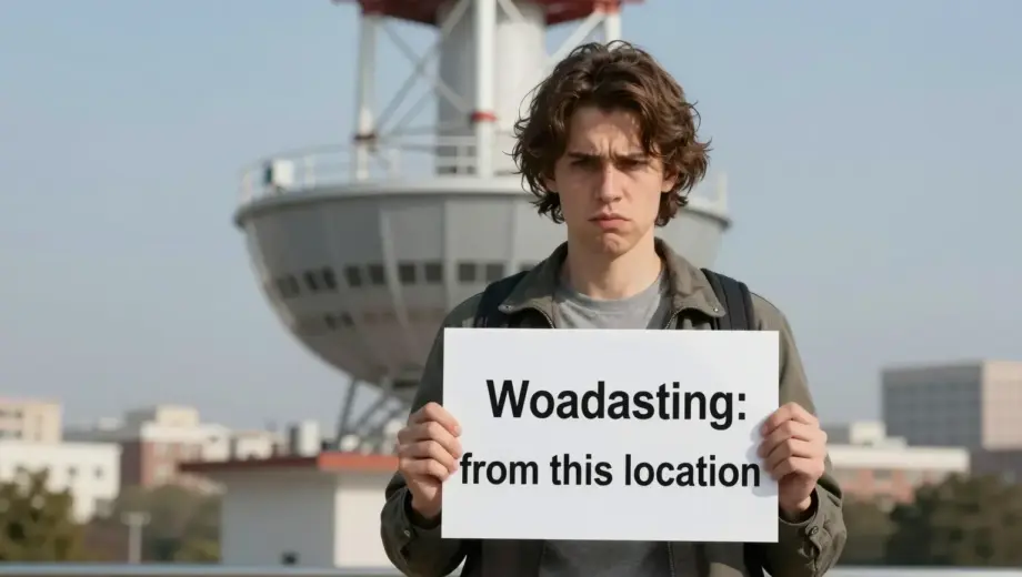 A person standing in front of a large broadcasting tower, holding a sign that reads 'Warning: Broadcasting from this location', with a concerned expression on their face. The background should show a cityscape with various buildings and a clear sky.