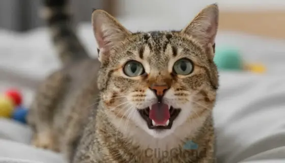 A playful and curious cat with wide eyes and a slightly open mouth, as if it's about to say something. The cat is in a cozy indoor setting, surrounded by soft blankets and toys. The cat's fur is detailed and fluffy, and it's looking directly at the viewer with an expression of mischief and curiosity.