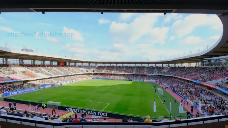 A wide-angle view of a modern football stadium terrace with a large banner displaying 'Szinva Foci' and another banner showing 'Szent István Foci', both set against a clear sky, featuring fans in team colors, goalposts, and a lush green pitch, captured in a realistic style with high detail and vibrant colors