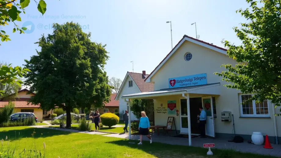 A sunny day in a rural Hungarian village, showing a health clinic (Állategészségügyi Telepen) with people entering and walking around, trees, green grass, clear blue sky, and a peaceful atmosphere
