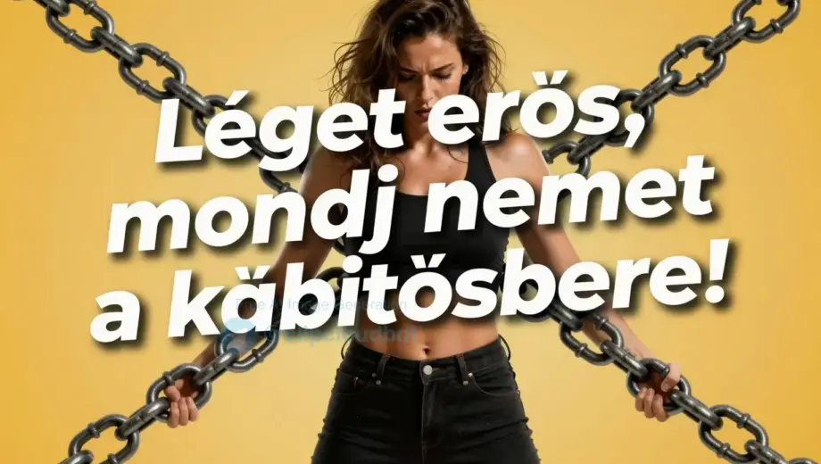 A powerful, motivational poster showing a strong, confident person breaking free from drug-related chains or symbols, with bold text saying 'Légy erős, mondj nemet a kábítószerre!' in Hungarian, vibrant colors, dynamic composition, no text or letters added to the image itself