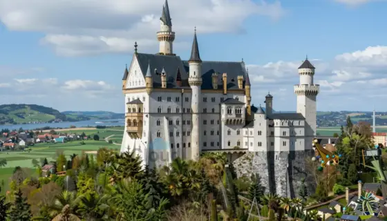 A majestic medieval castle perched on a hilltop, surrounded by lush green forests and a sparkling river, with intricate stone architecture, towering spires, and detailed battlements, under a bright blue sky with soft white clouds, evoking a sense of historical grandeur and adventure