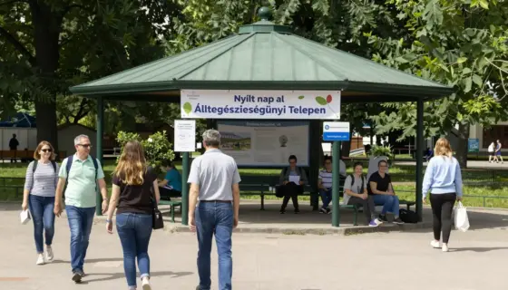 A sunny open-air health pavilion in a park with people walking, a banner reading 'Nyílt nap az Állategészségügyi Telepen' and a sign 'Örökbefogadás, sé' in Hungarian, bright daylight, natural colors, no text on images