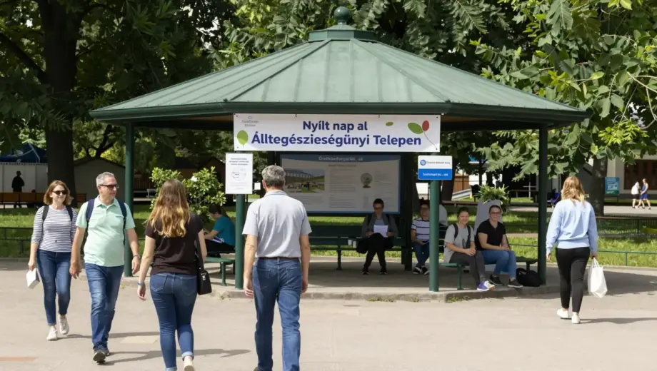 A sunny open-air health pavilion in a park with people walking, a banner reading 'Nyílt nap az Állategészségügyi Telepen' and a sign 'Örökbefogadás, sé' in Hungarian, bright daylight, natural colors, no text on images