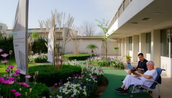 A serene, sunlit open-air hospital garden in Budapest with blooming flowers, green pathways, and patients in recovery enjoying the outdoors, captured in a realistic photographic style with natural lighting and vibrant colors