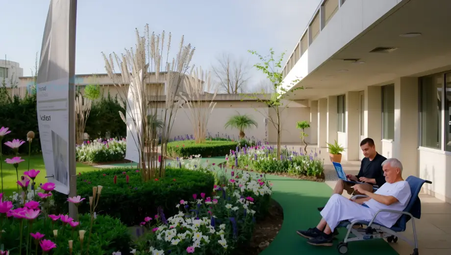 A serene, sunlit open-air hospital garden in Budapest with blooming flowers, green pathways, and patients in recovery enjoying the outdoors, captured in a realistic photographic style with natural lighting and vibrant colors