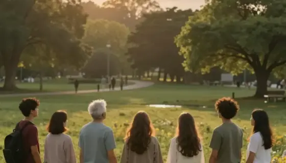A peaceful, hopeful scene depicting people of diverse ages and backgrounds standing together in a lush green park, holding hands and looking toward a bright, warm sunrise breaking through soft clouds, symbolizing unity and the rejection of waste or harm, with subtle natural elements like blooming flowers and clean water reflecting the light, conveying a message of environmental care and collective responsibility