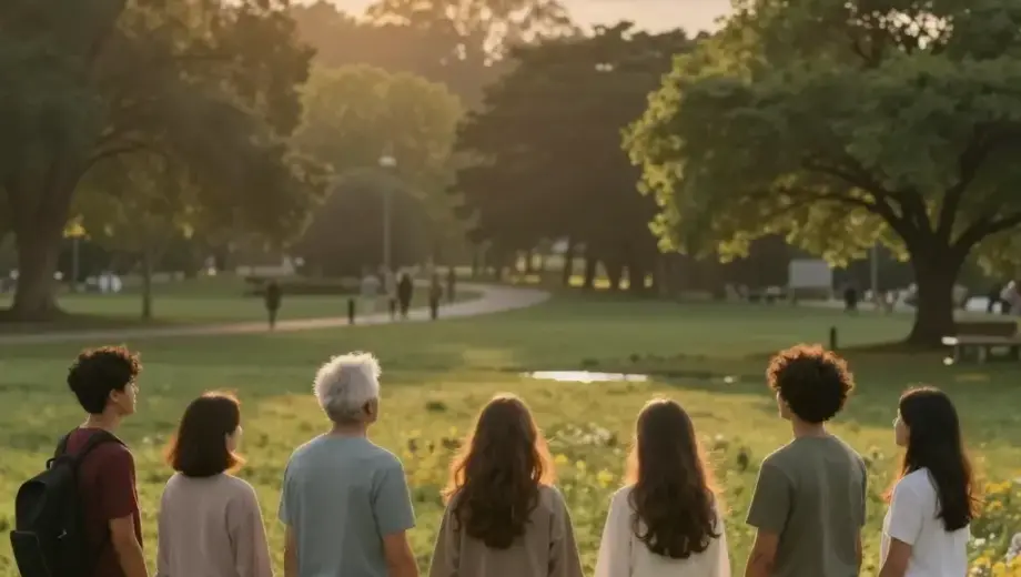 A peaceful, hopeful scene depicting people of diverse ages and backgrounds standing together in a lush green park, holding hands and looking toward a bright, warm sunrise breaking through soft clouds, symbolizing unity and the rejection of waste or harm, with subtle natural elements like blooming flowers and clean water reflecting the light, conveying a message of environmental care and collective responsibility