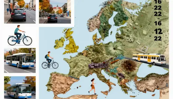 A vibrant collage showcasing various modes of European transportation during the week of September 16-22, 2016, including cars, buses, trains, bicycles, and airplanes, with people using them in everyday urban and rural settings across different European countries, featuring autumn scenery and clear weather