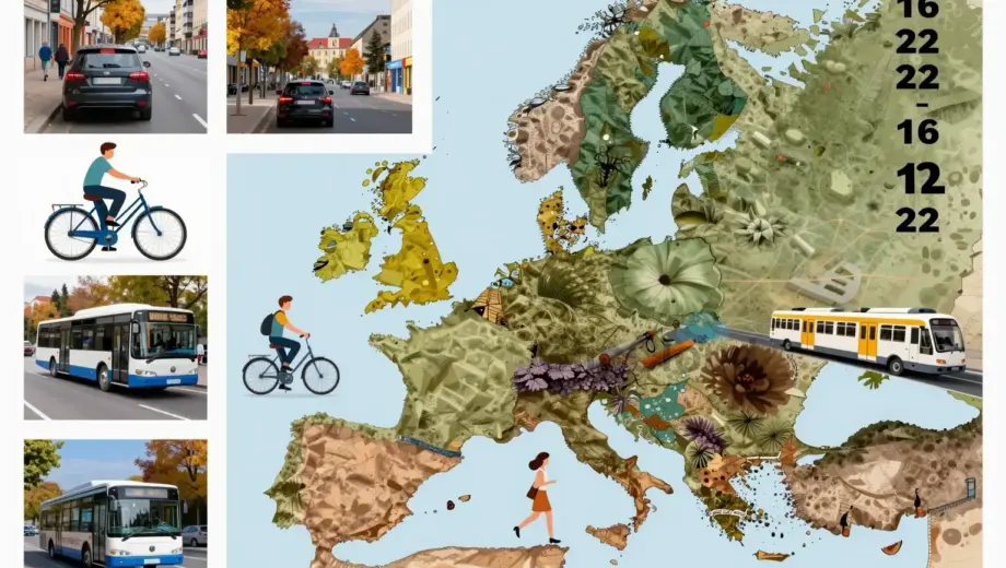 A vibrant collage showcasing various modes of European transportation during the week of September 16-22, 2016, including cars, buses, trains, bicycles, and airplanes, with people using them in everyday urban and rural settings across different European countries, featuring autumn scenery and clear weather