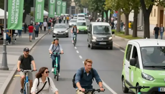 A vibrant street scene in Miskolc, Hungary during the European Mobility Week 2016, featuring people cycling, walking, and using electric scooters on a tree-lined avenue with modern eco-friendly vehicles and banners promoting sustainable transport, captured in a detailed illustration style