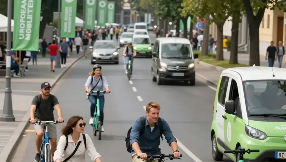 A vibrant street scene in Miskolc, Hungary during the European Mobility Week 2016, featuring people cycling, walking, and using electric scooters on a tree-lined avenue with modern eco-friendly vehicles and banners promoting sustainable transport, captured in a detailed illustration style