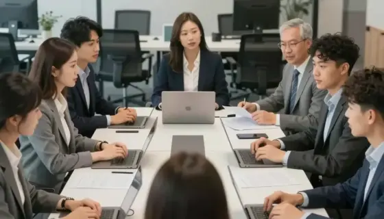 A professional office scene showing a diverse group of people (including a woman in business attire and a man in a suit) gathered around a modern conference table with documents and laptops, in a well-lit corporate environment with glass walls and office equipment, conveying a collaborative atmosphere for a job interview or recruitment event