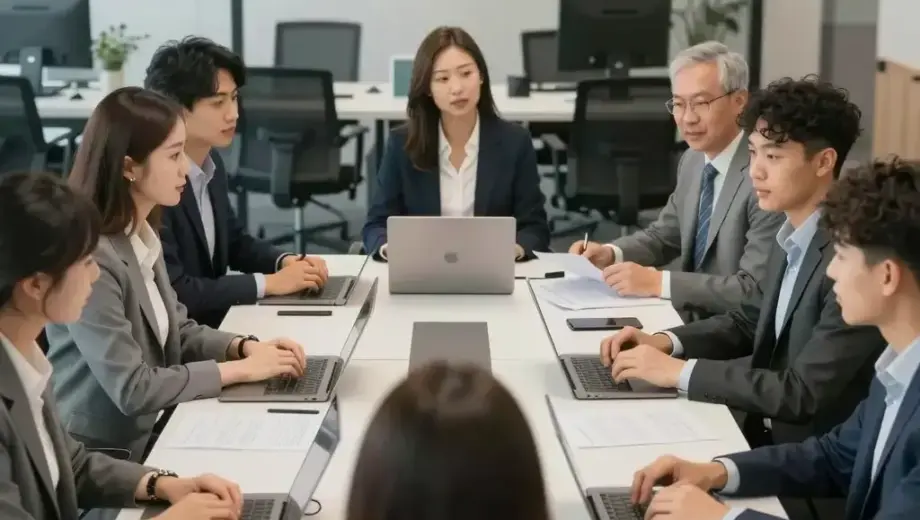 A professional office scene showing a diverse group of people (including a woman in business attire and a man in a suit) gathered around a modern conference table with documents and laptops, in a well-lit corporate environment with glass walls and office equipment, conveying a collaborative atmosphere for a job interview or recruitment event