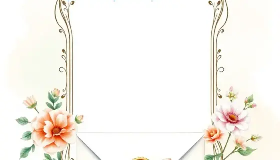 An elegant, decorative invitation layout featuring ornate borders, delicate floral motifs, soft pastel ribbons, a subtle watercolor background, and a beautifully tied envelope with a wax seal, all presented without any visible text or lettering
