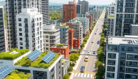 A modern, sustainable cityscape featuring energy-efficient buildings with solar panels and green roofs, integrated with smart urban planning, clean public transportation systems, and abundant green spaces like parks and tree-lined streets, under a clear sky to symbolize environmental harmony and efficient energy use
