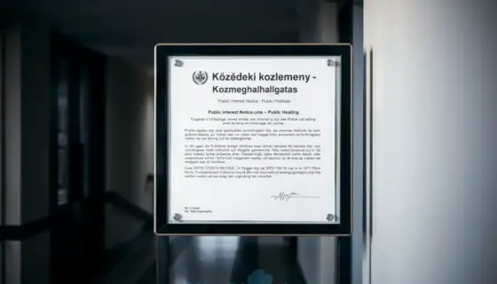 A clean, professional notice board in a public building hallway, displaying a formal Hungarian announcement titled 'Közérdekű közlemény – Közmeghallgatás' (Public Interest Notice – Public Hearing), with official government seal, clear typography, and a designated space for public comments, soft natural lighting, minimal background details