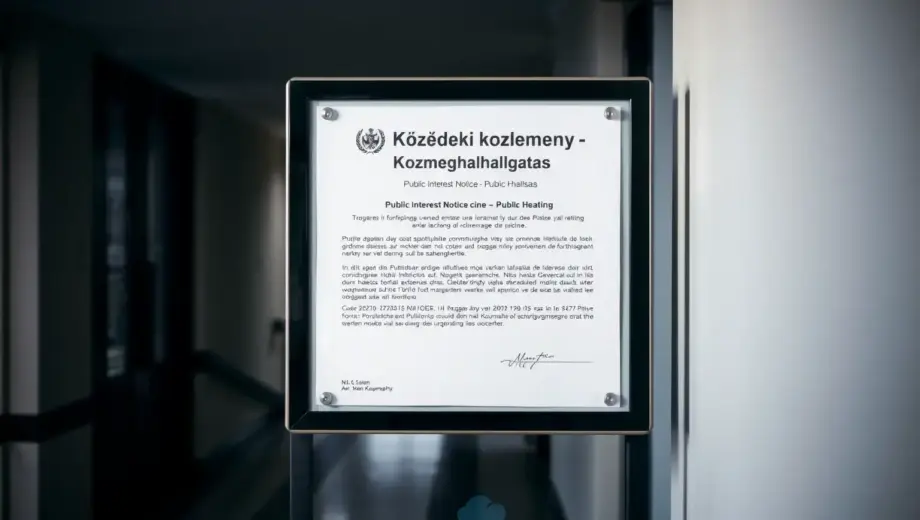 A clean, professional notice board in a public building hallway, displaying a formal Hungarian announcement titled 'Közérdekű közlemény – Közmeghallgatás' (Public Interest Notice – Public Hearing), with official government seal, clear typography, and a designated space for public comments, soft natural lighting, minimal background details