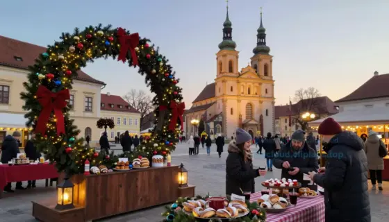 A festive Advent scene in Miskolc, Hungary, featuring a decorated town square with traditional Advent wreaths, glowing lanterns, and locals enjoying seasonal treats like mulled wine and kürtőskalács, with the historic Avas Church and Diósgyőr Castle faintly visible in the background under a soft winter twilight sky
