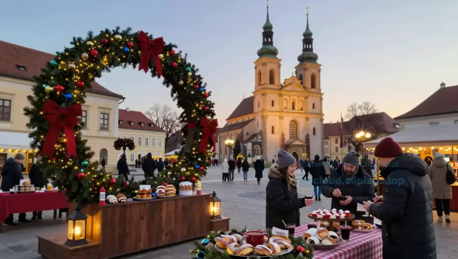 A festive Advent scene in Miskolc, Hungary, featuring a decorated town square with traditional Advent wreaths, glowing lanterns, and locals enjoying seasonal treats like mulled wine and kürtőskalács, with the historic Avas Church and Diósgyőr Castle faintly visible in the background under a soft winter twilight sky