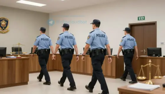 A dynamic scene showing a team of law enforcement officers in formal uniforms preparing to enter a courtroom, with symbolic elements like scales of justice and legal documents, set in a modern Hungarian government building interior, bright lighting, professional atmosphere