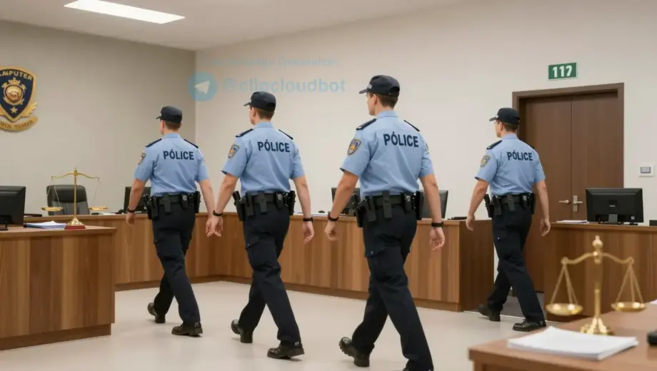 A dynamic scene showing a team of law enforcement officers in formal uniforms preparing to enter a courtroom, with symbolic elements like scales of justice and legal documents, set in a modern Hungarian government building interior, bright lighting, professional atmosphere