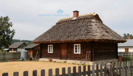 A cozy, modest house with a thatched roof and wooden walls, situated behind a large, open grain storage area (Búza tér) in a rural Hungarian village, with a few scattered farming tools and a wooden fence in the foreground, under a soft, overcast sky