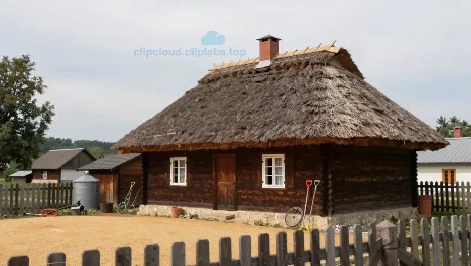 A cozy, modest house with a thatched roof and wooden walls, situated behind a large, open grain storage area (Búza tér) in a rural Hungarian village, with a few scattered farming tools and a wooden fence in the foreground, under a soft, overcast sky