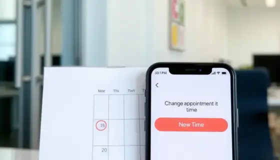 A calendar page showing a date with a red circle around it, indicating a changed appointment time, with a notification message on a smartphone screen beside it displaying the new time, in a clean modern office setting