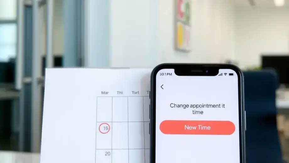 A calendar page showing a date with a red circle around it, indicating a changed appointment time, with a notification message on a smartphone screen beside it displaying the new time, in a clean modern office setting