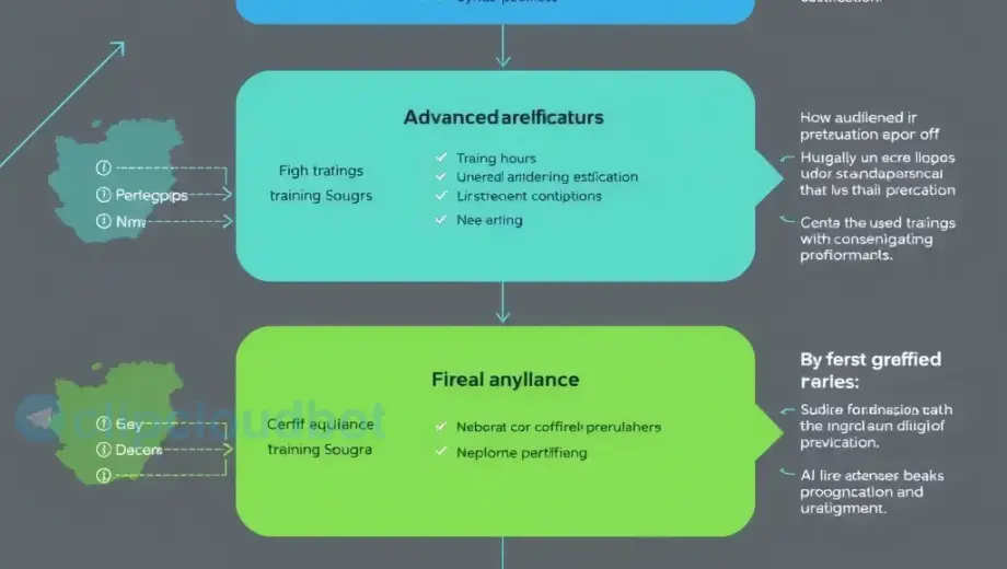 A clear, informative diagram illustrating the hierarchy of fire prevention education levels in Hungary, showing the progression from basic awareness to advanced certification, with distinct sections for each level including required training hours, target audience, and key topics covered, presented in a professional educational infographic style