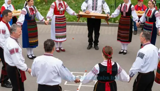 A vibrant outdoor scene celebrating Hungarian Culture Day, featuring traditional folk dancers in colorful embroidered costumes (men in white shirts with black embroidery and trousers, women in bright patterned dresses with floral headpieces), a musician playing a cimbalom, children playing traditional games like jégkorong (hockey) or hopscotch, and people enjoying street food like kürtőskalács (chimney cake) and lángos, set in a sunny city park with green grass, blooming flowers, and historic bu