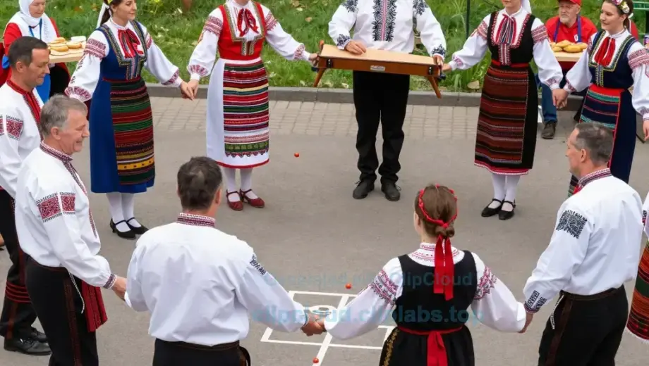 A vibrant outdoor scene celebrating Hungarian Culture Day, featuring traditional folk dancers in colorful embroidered costumes (men in white shirts with black embroidery and trousers, women in bright patterned dresses with floral headpieces), a musician playing a cimbalom, children playing traditional games like jégkorong (hockey) or hopscotch, and people enjoying street food like kürtőskalács (chimney cake) and lángos, set in a sunny city park with green grass, blooming flowers, and historic bu
